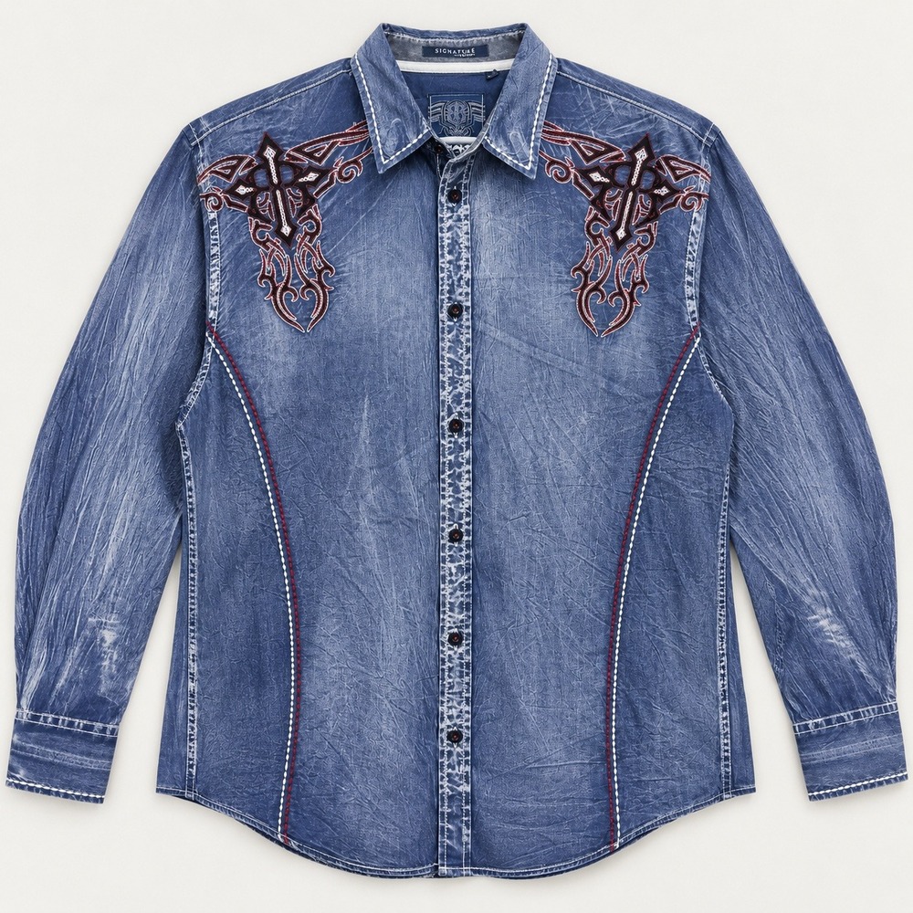 Roar Signature Edition Serenity Blue Acid Wash Tribal Cross Shirt Mens XL W52192